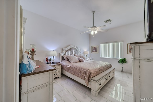 bedroom with a ceiling fan and visible vents