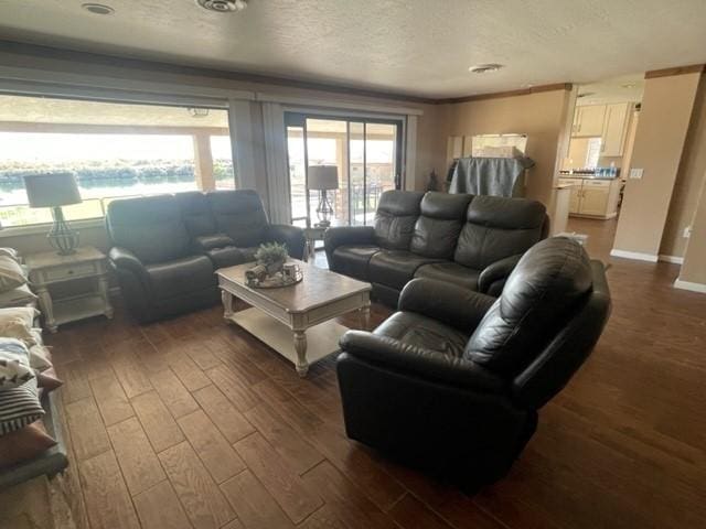 living room with hardwood / wood-style flooring, a textured ceiling, and baseboards