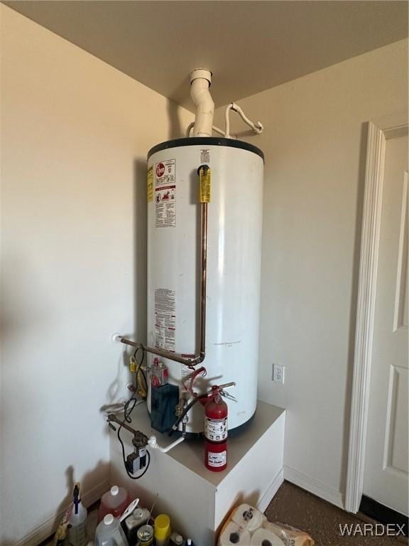 interior details featuring gas water heater, baseboards, and a fire extinguisher