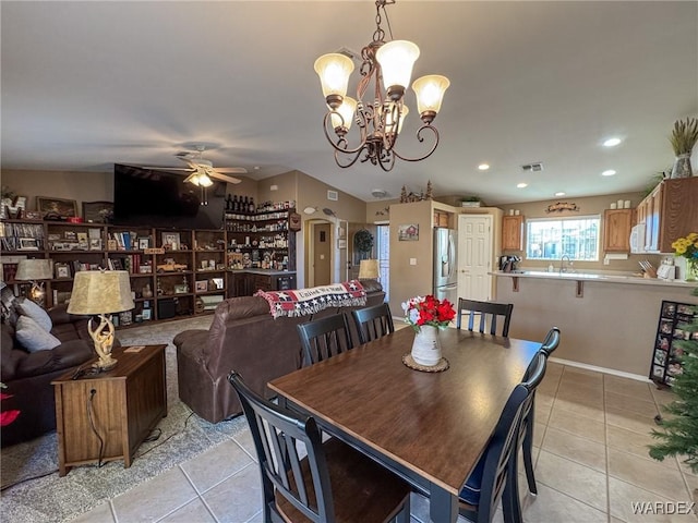 dining space featuring recessed lighting, ceiling fan, visible vents, and light tile patterned flooring