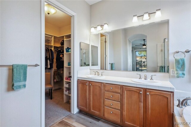 bathroom with wood finished floors, a spacious closet, double vanity, and a sink