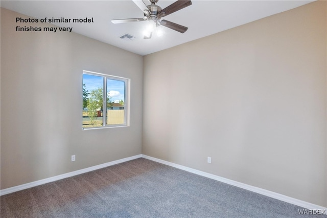 empty room featuring a ceiling fan, carpet flooring, visible vents, and baseboards