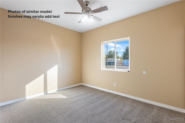 carpeted empty room with ceiling fan and baseboards