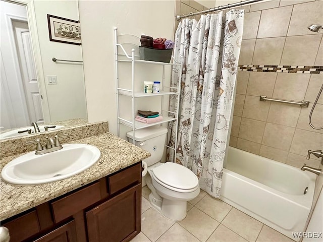 bathroom with shower / tub combo, tile patterned flooring, vanity, and toilet