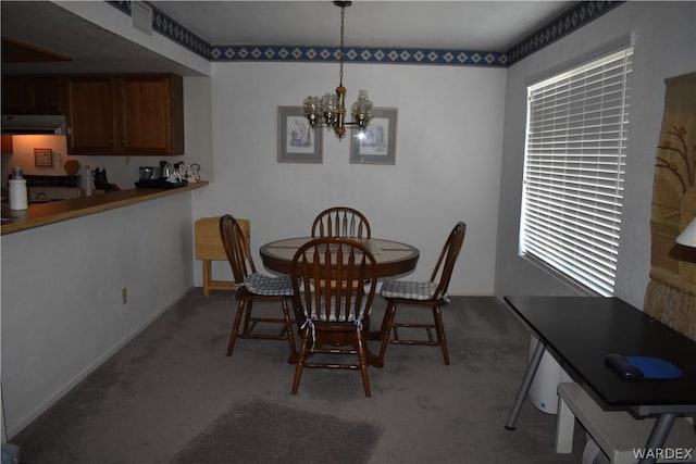 dining room with light carpet and a notable chandelier