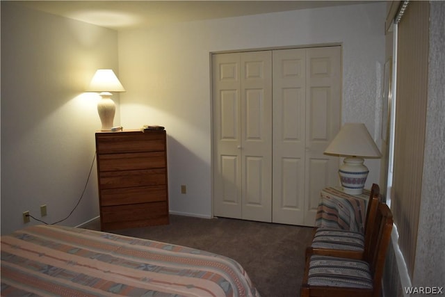 bedroom featuring dark colored carpet and a closet