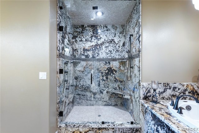 bathroom featuring a stall shower and a bath