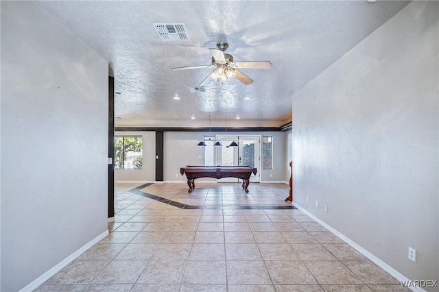 recreation room featuring billiards, baseboards, a ceiling fan, and visible vents