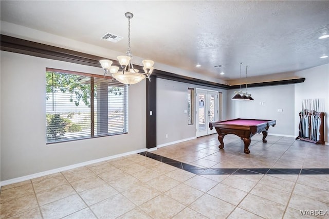 game room featuring recessed lighting, visible vents, tile patterned flooring, a chandelier, and pool table