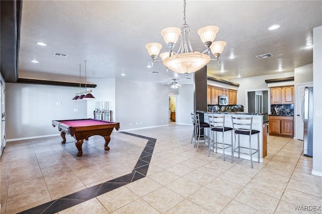 playroom featuring billiards, light tile patterned floors, visible vents, and baseboards