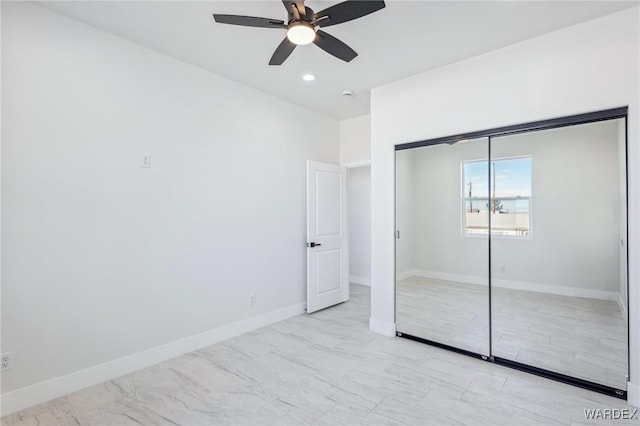 unfurnished bedroom featuring ceiling fan, a closet, recessed lighting, and baseboards