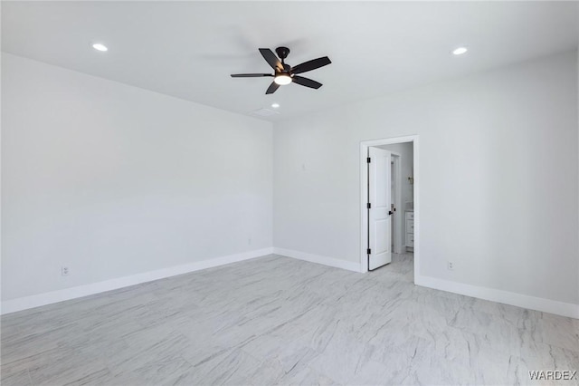 unfurnished room featuring recessed lighting, ceiling fan, and baseboards