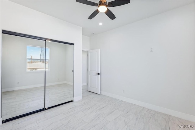 unfurnished bedroom with ceiling fan, a closet, recessed lighting, and baseboards