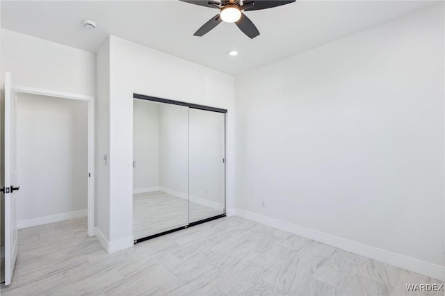 unfurnished bedroom with ceiling fan, baseboards, a closet, and recessed lighting