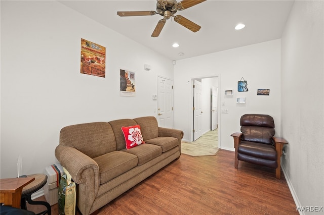 living room with ceiling fan, baseboards, wood finished floors, and recessed lighting