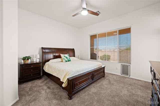 bedroom with carpet floors, visible vents, ceiling fan, and baseboards