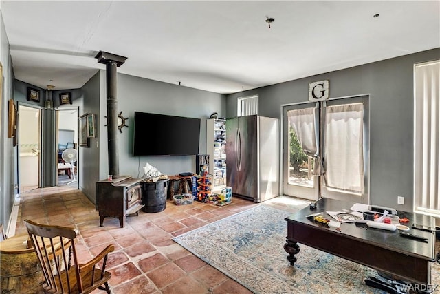 living area with a wood stove