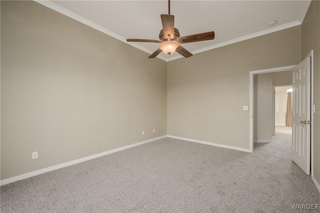 unfurnished room with light carpet, crown molding, baseboards, and ceiling fan