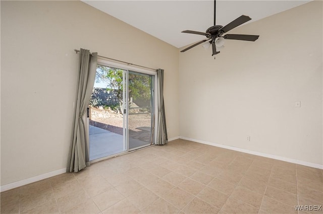 empty room featuring a ceiling fan and baseboards