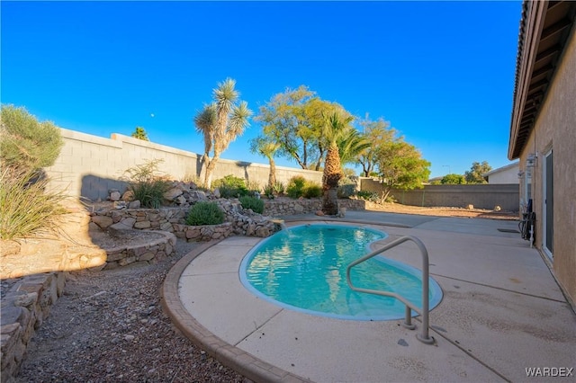 view of pool featuring a fenced backyard, a fenced in pool, and a patio