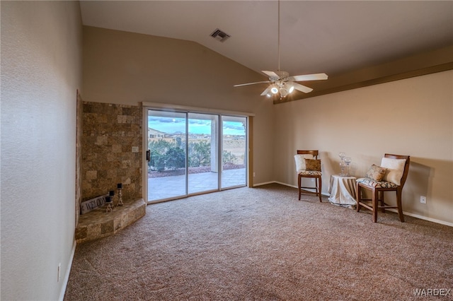 unfurnished room with a ceiling fan, visible vents, carpet floors, high vaulted ceiling, and baseboards