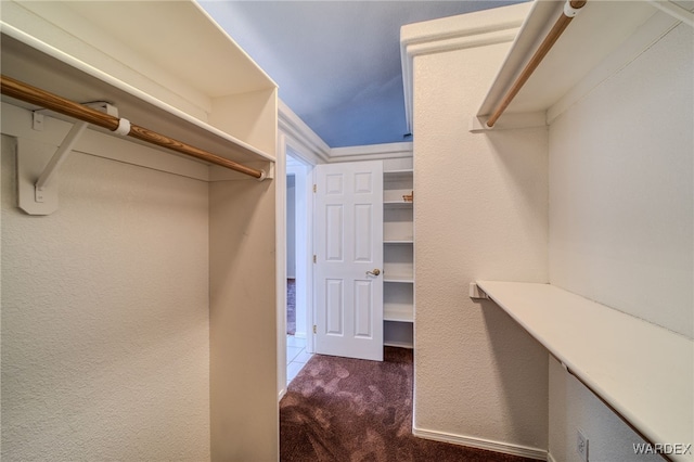 walk in closet featuring dark colored carpet