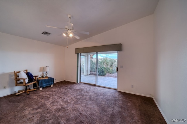 sitting room with baseboards, visible vents, lofted ceiling, ceiling fan, and carpet flooring