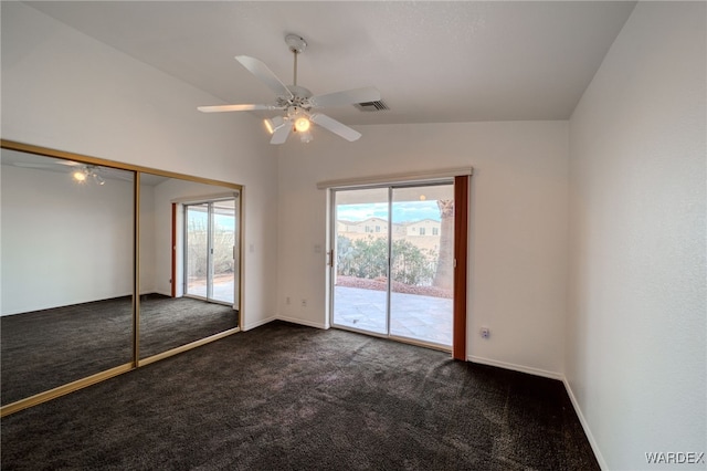 unfurnished bedroom featuring visible vents, baseboards, vaulted ceiling, access to outside, and dark colored carpet