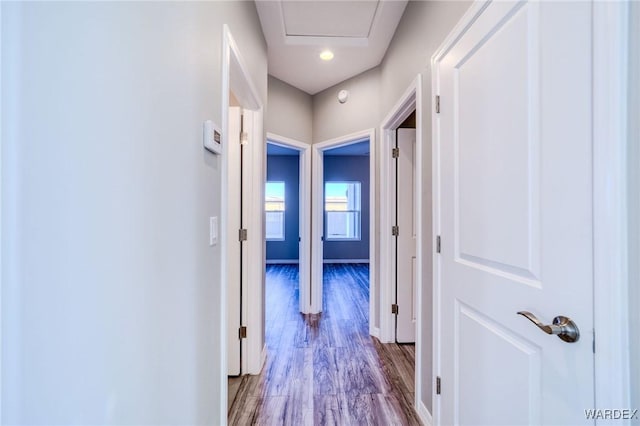 hallway with baseboards and wood finished floors