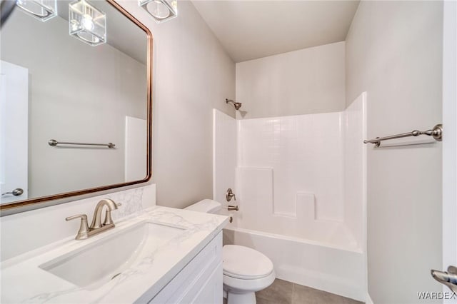 full bathroom with shower / bathtub combination, tile patterned flooring, vanity, and toilet