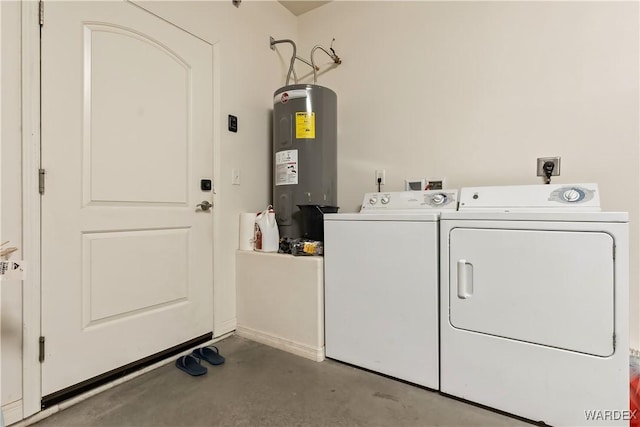 laundry room featuring electric water heater, laundry area, and washing machine and clothes dryer