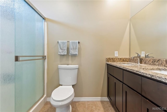 full bath with tile patterned flooring, a shower stall, toilet, and baseboards