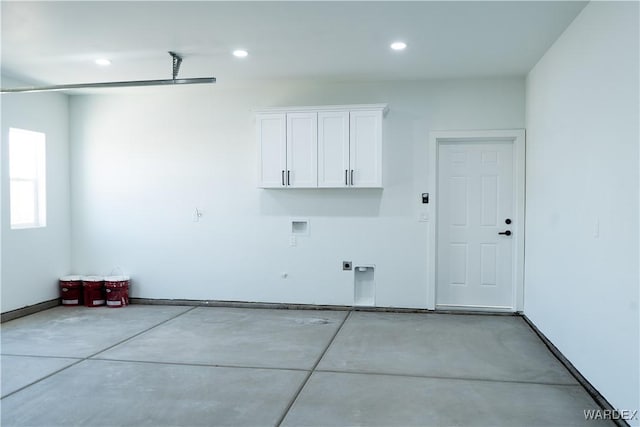 washroom with hookup for a washing machine, recessed lighting, cabinet space, and electric dryer hookup