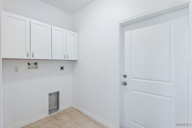 laundry area with washer hookup, cabinet space, hookup for an electric dryer, and baseboards