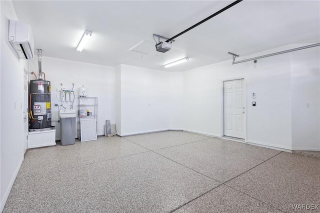 garage with a wall unit AC, water heater, baseboards, and a garage door opener