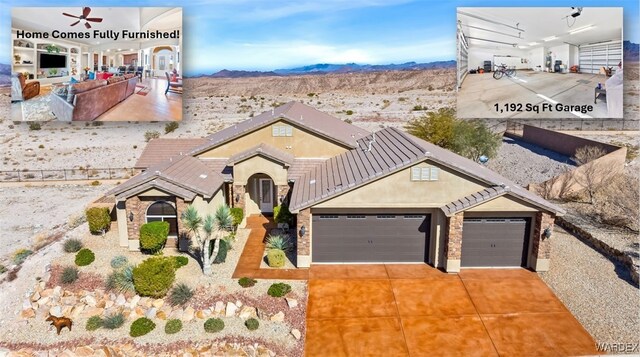 view of front of house with concrete driveway, a mountain view, an attached garage, and stucco siding