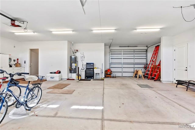 garage with gas water heater and a garage door opener