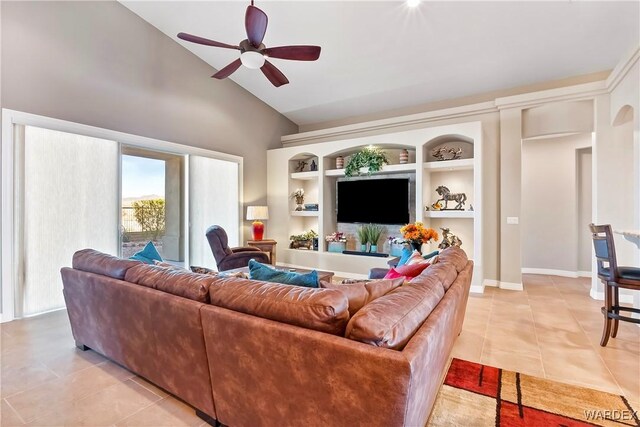 living room with ceiling fan, high vaulted ceiling, light tile patterned flooring, baseboards, and built in features