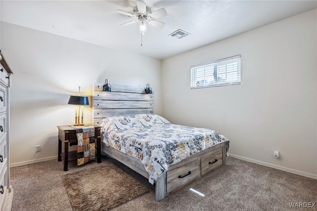 bedroom with baseboards, visible vents, ceiling fan, and carpet flooring