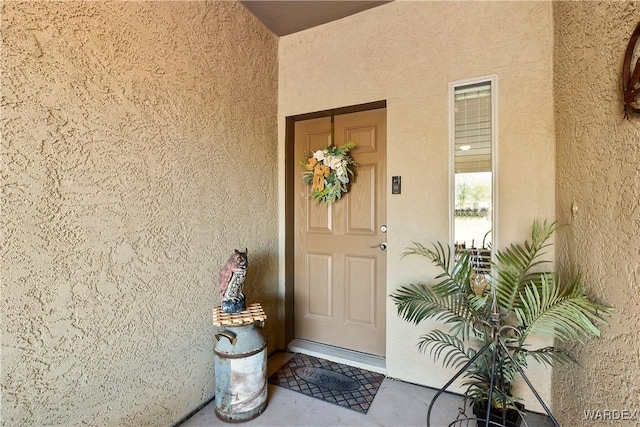 view of exterior entry featuring stucco siding