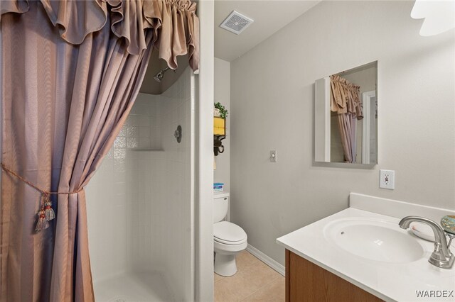 bathroom with visible vents, toilet, a shower stall, vanity, and tile patterned flooring