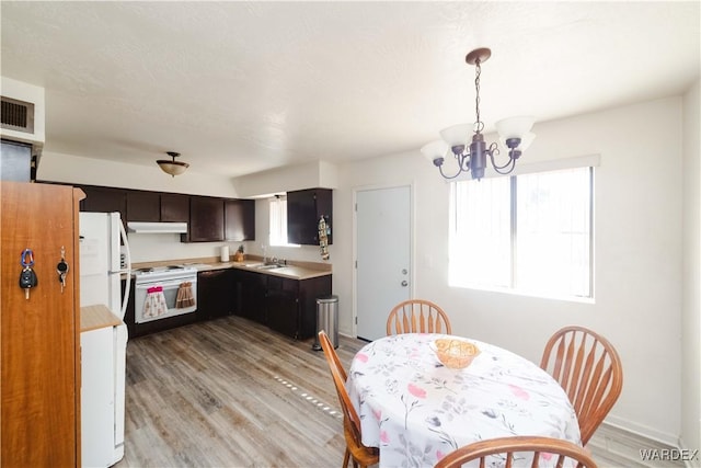 kitchen with light wood-style flooring, white appliances, light countertops, and under cabinet range hood