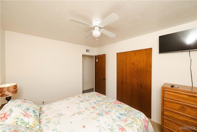 bedroom with visible vents, a closet, and a ceiling fan