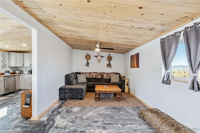 living area with marble finish floor, wood ceiling, and baseboards