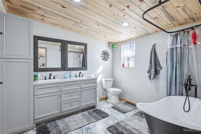 full bathroom with double vanity, a soaking tub, a sink, and wood ceiling