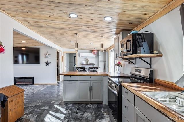 kitchen with wooden ceiling, wooden counters, gray cabinets, stainless steel range with electric stovetop, and pendant lighting