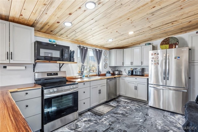 kitchen featuring wood ceiling, butcher block counters, appliances with stainless steel finishes, a sink, and recessed lighting