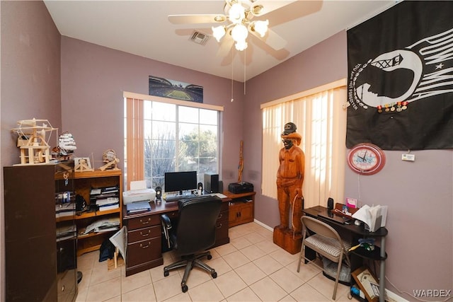 office space with light tile patterned floors, ceiling fan, visible vents, and baseboards