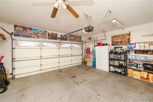 garage with a garage door opener and ceiling fan