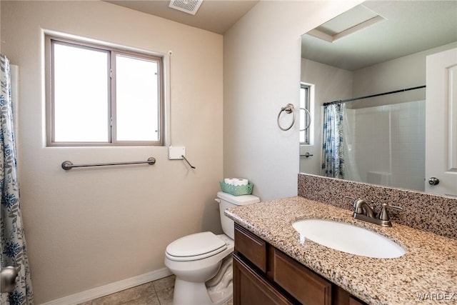 full bath featuring visible vents, a shower with curtain, toilet, vanity, and tile patterned flooring